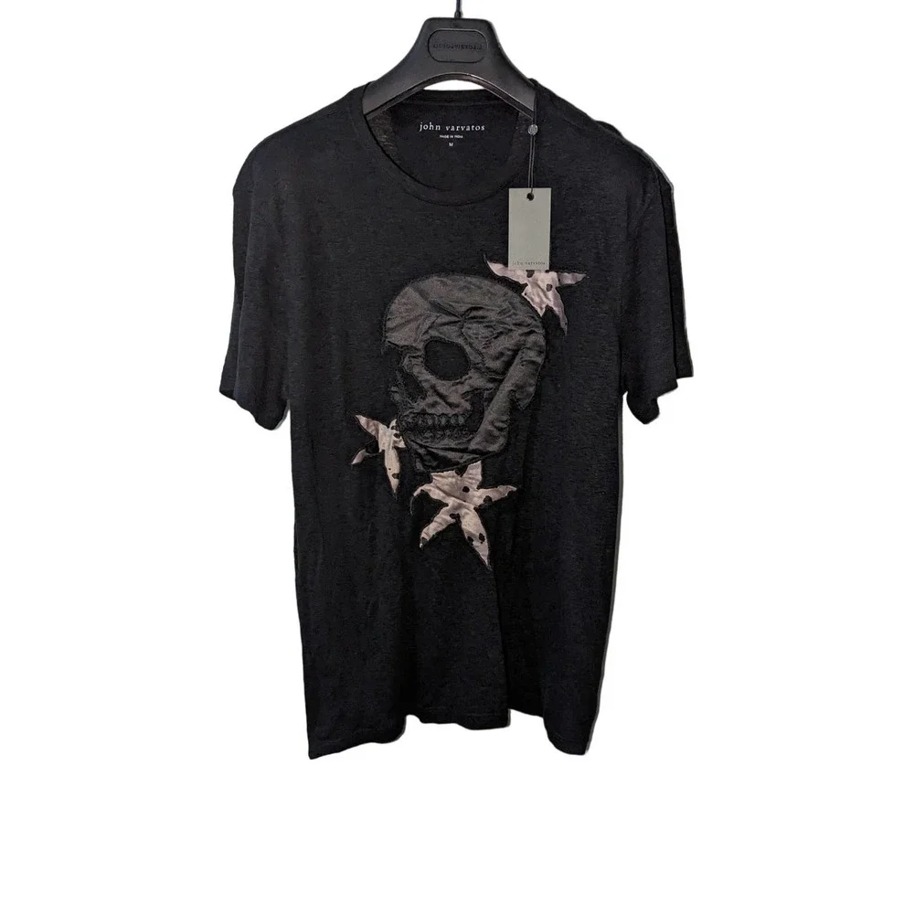 Skull John Varvatos Graphic T-Shirt Men's M Black Embroidered Linen Blend New